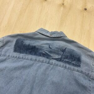 Vintage LAL Shirt Mens Medium Blue Denim Long Sleeve Button Up Nature Scene